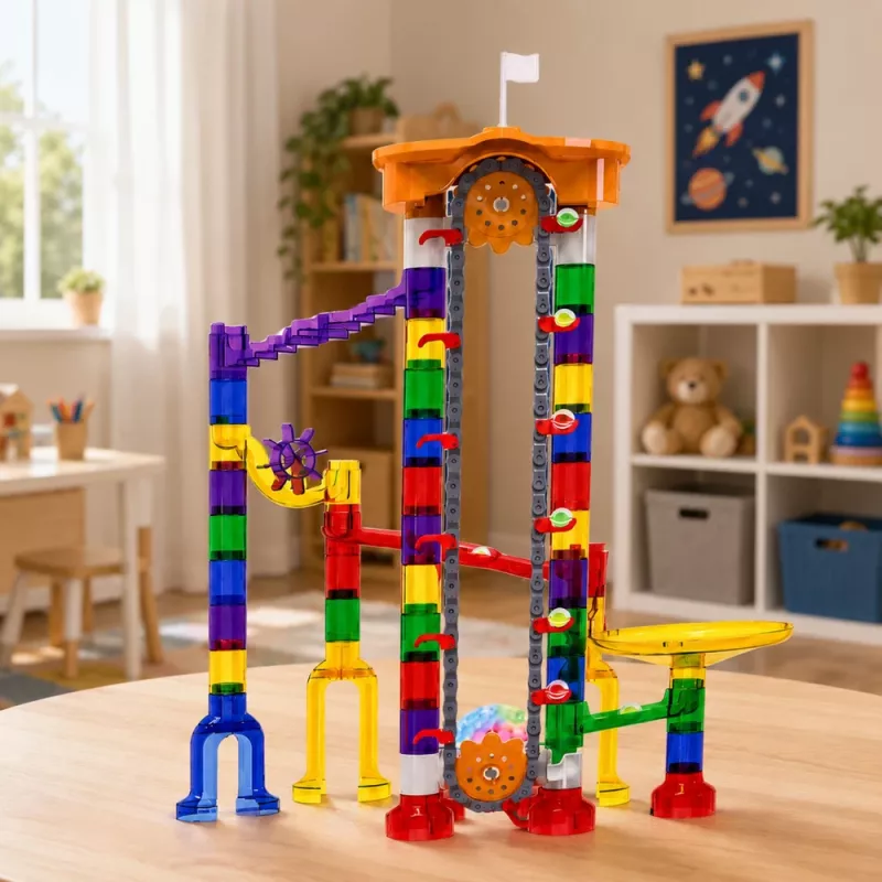LEAN TOYS Klocki konstrukcyjne tor kosmiczny 153 szt. - kolorowy zestaw toru kulkowego 3D z tunelami i kulkami