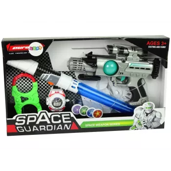 Zestaw Kosmicznego Wojownika LEAN TOYS z pistoletem laserowym, mieczem świetlnym, kajdankami i wyrzutnią dysków