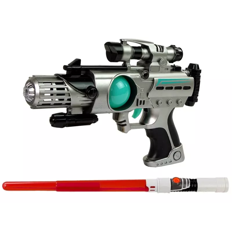 Zestaw Kosmicznego Wojownika LEAN TOYS z pistoletem laserowym, mieczem świetlnym, kajdankami i wyrzutnią dysków