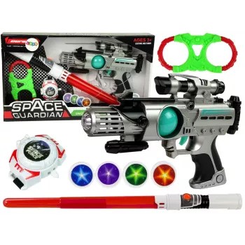 Zestaw Kosmicznego Wojownika LEAN TOYS z pistoletem laserowym, mieczem świetlnym, kajdankami i wyrzutnią dysków