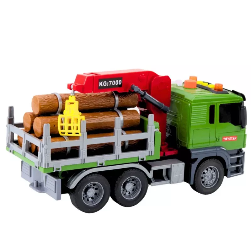 LEAN TOYS Ciężarówka do przewozu drewna z dźwigiem, kłodami, światłami i dźwiękami – pojazd budowlany zabawka