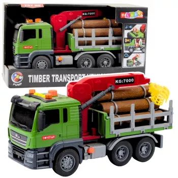 LEAN TOYS Ciężarówka do przewozu drewna z dźwigiem, kłodami, światłami i dźwiękami – pojazd budowlany zabawka
