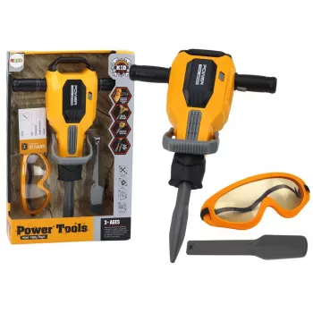 LEAN TOYS Zabawkowy młot pneumatyczny z kaskiem i okularami – żółty, 3+ lata, światła i dźwięki, zestaw 4-częściowy
