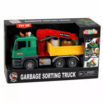 LEAN TOYS śmieciarka z dźwigiem, pojemnikami, napędem ciernym, światłem i dźwiękiem