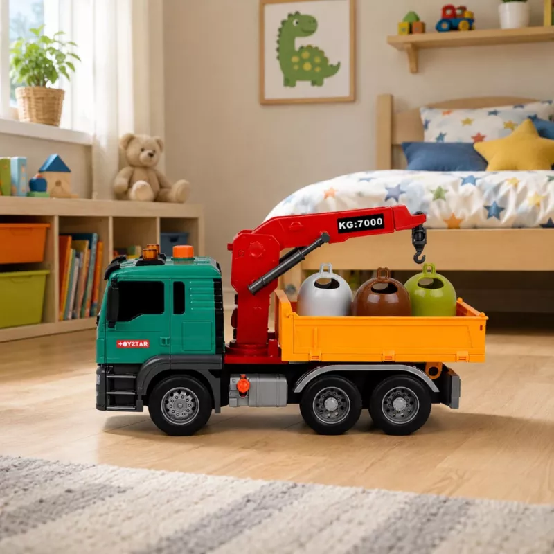 LEAN TOYS śmieciarka z dźwigiem, pojemnikami, napędem ciernym, światłem i dźwiękiem