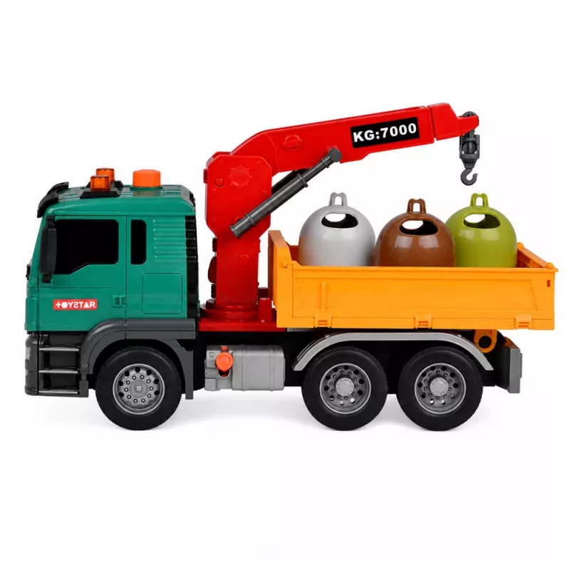 LEAN TOYS śmieciarka z dźwigiem, pojemnikami, napędem ciernym, światłem i dźwiękiem