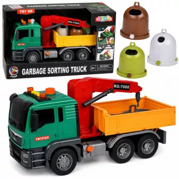 LEAN TOYS śmieciarka z dźwigiem, pojemnikami, napędem ciernym, światłem i dźwiękiem