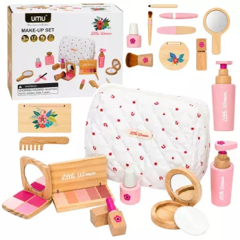 LEAN TOYS Drewniany zestaw kosmetyczny dla dziewczynek z białą kosmetyczką 17 elementów