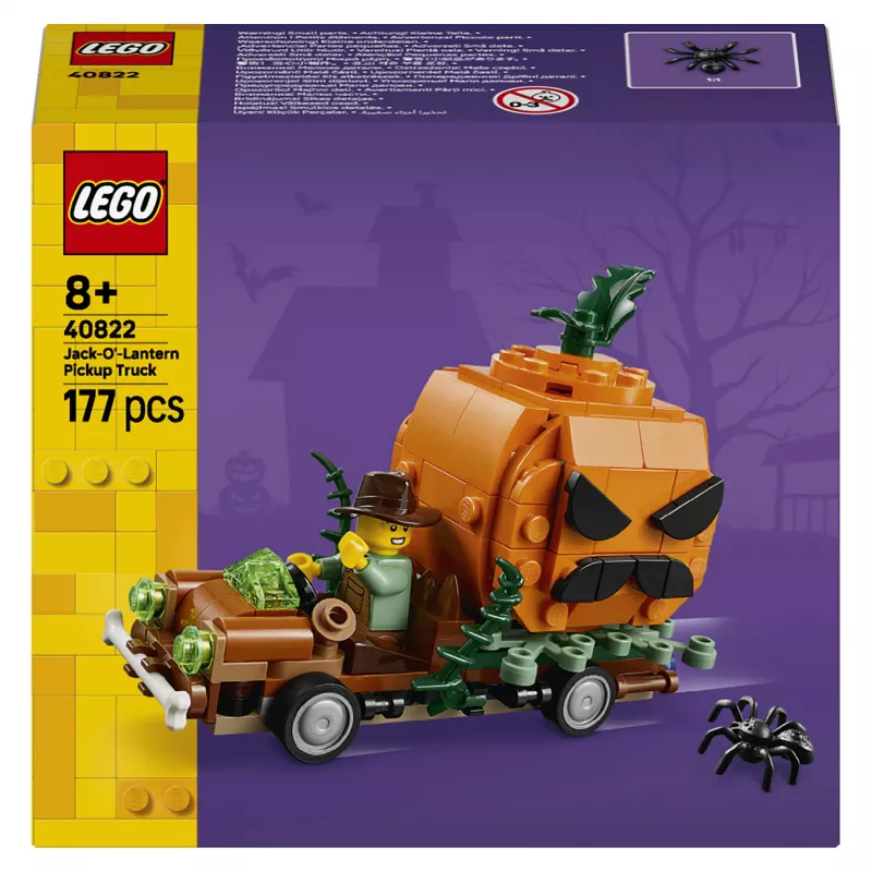 Zestaw klocków LEGO 40822 Jack-O'-Lantern Pickup Truck - 200 elementów, minifigurka stracha na wróble, model dekoracyjny na Halloween