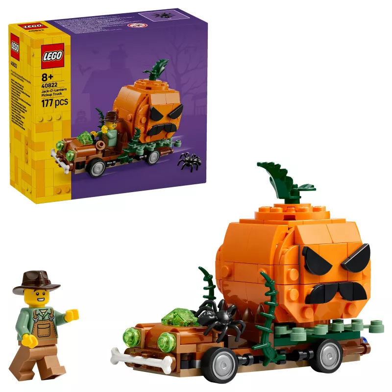 Zestaw klocków LEGO 40822 Jack-O'-Lantern Pickup Truck - 200 elementów, minifigurka stracha na wróble, model dekoracyjny na Halloween