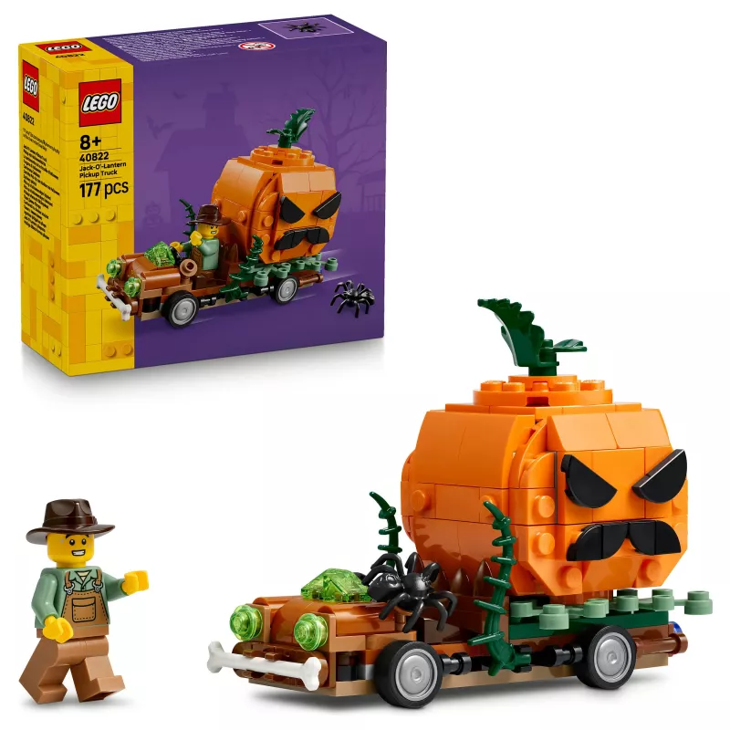 Zestaw klocków LEGO 40822 Jack-O'-Lantern Pickup Truck - 200 elementów, minifigurka stracha na wróble, model dekoracyjny na Halloween
