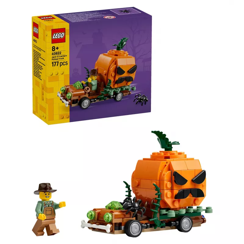 Zestaw klocków LEGO 40822 Jack-O'-Lantern Pickup Truck - 200 elementów, minifigurka stracha na wróble, model dekoracyjny na Halloween