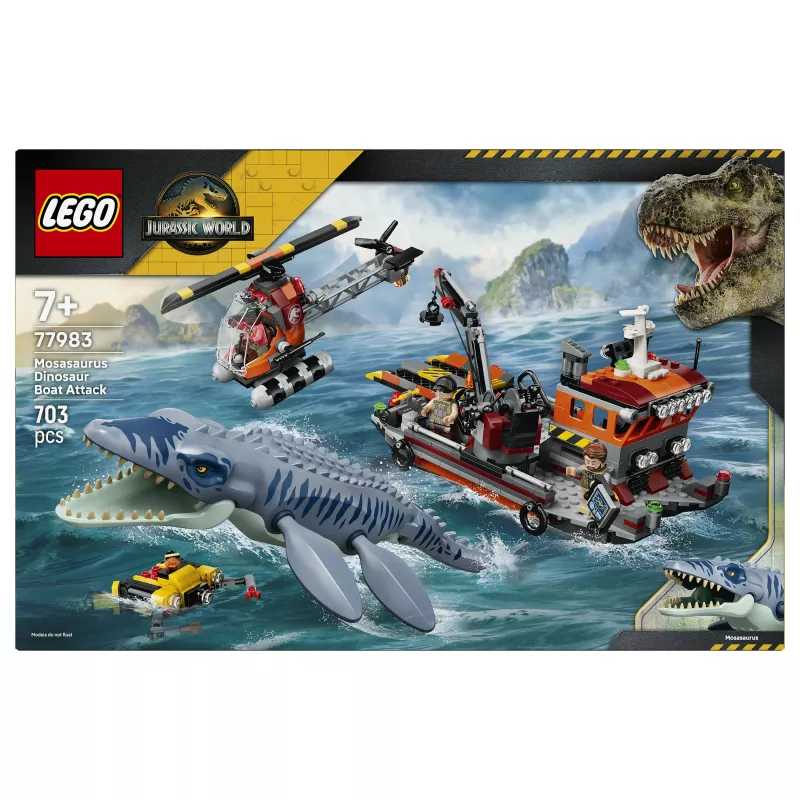 LEGO Jurassic World 77983 Mosasaurus Dinosaur Boat Attack (280 elementów, 3 minifigurki, wiek 7+)