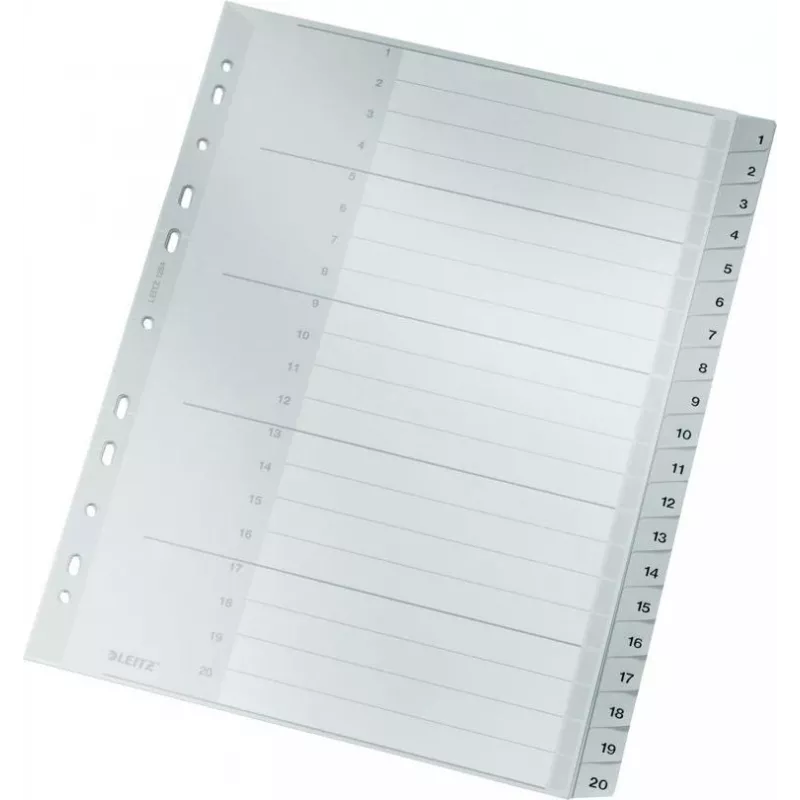 LEITZ 1284 A4 Extra Wide Numbered Index Dividers 1-20, szary, 20-częściowy, polipropylen, 0,12 mm, z zapisywalną kartą tytułową 1284-00