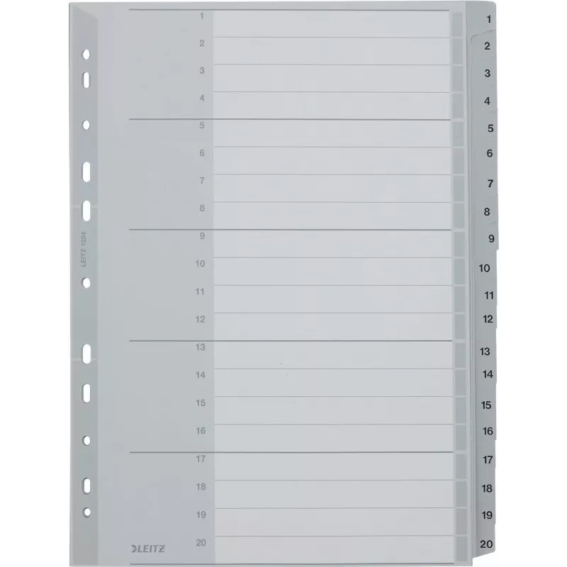 LEITZ 1284 A4 Extra Wide Numbered Index Dividers 1-20, szary, 20-częściowy, polipropylen, 0,12 mm, z zapisywalną kartą tytułową 1284-00
