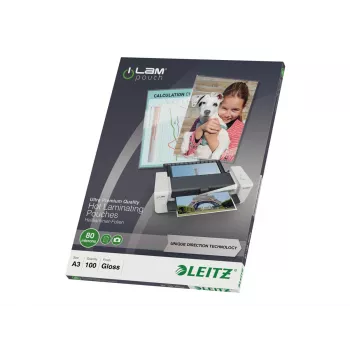 Leitz 7485-00-00 A3 folie do laminowania, błyszczące krystalicznie przezroczyste, 125 mikronów, 100 sztuk