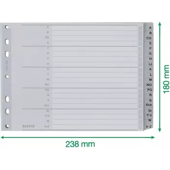 Przekładki alfabetyczne Leitz A-Z, A4, szare plastikowe zakładki na tekturze 250 g/m², 20-częściowe, uniwersalne dziurkowanie 11-otworowe 1262-01-00