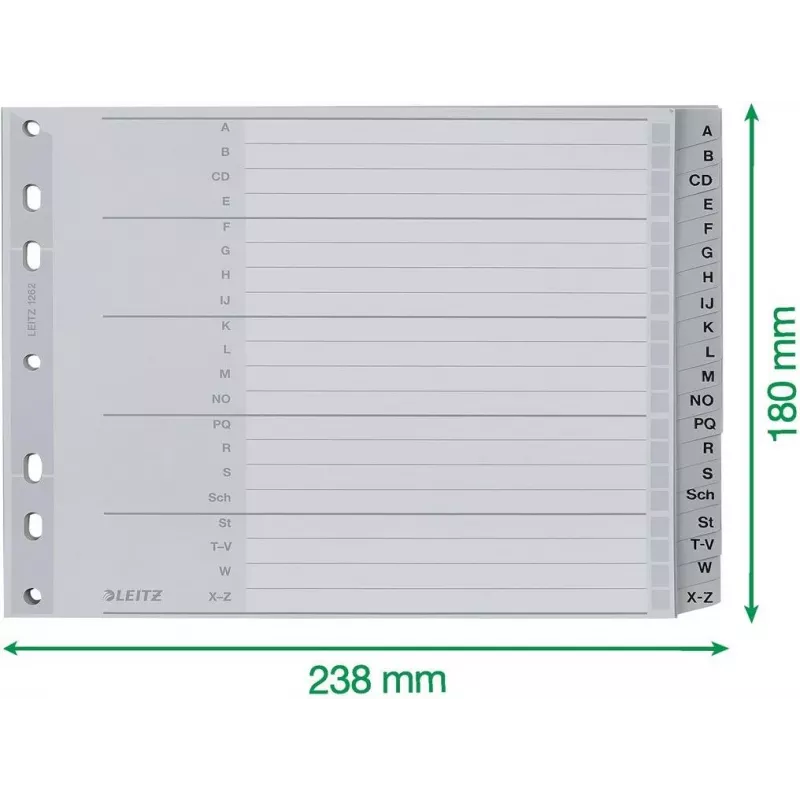 Przekładki alfabetyczne Leitz A-Z, A4, szare plastikowe zakładki na tekturze 250 g/m², 20-częściowe, uniwersalne dziurkowanie 11-otworowe 1262-01-00