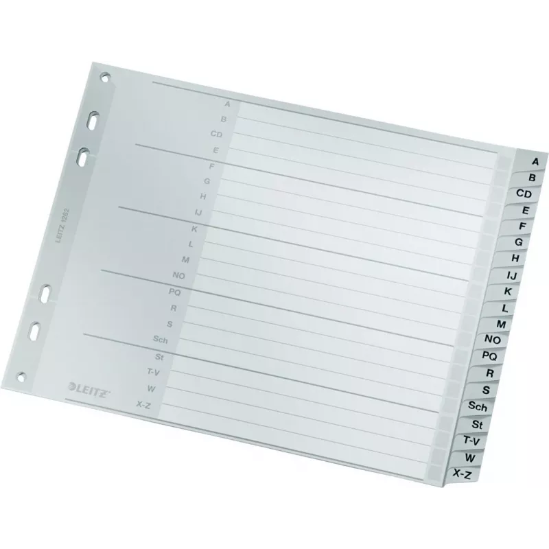 Przekładki alfabetyczne Leitz A-Z, A4, szare plastikowe zakładki na tekturze 250 g/m², 20-częściowe, uniwersalne dziurkowanie 11-otworowe 1262-01-00