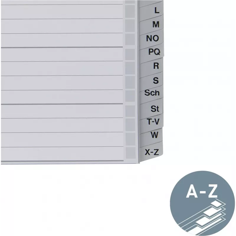 Przekładki alfabetyczne Leitz A-Z, A4, szare plastikowe zakładki na tekturze 250 g/m², 20-częściowe, uniwersalne dziurkowanie 11-otworowe 1262-01-00