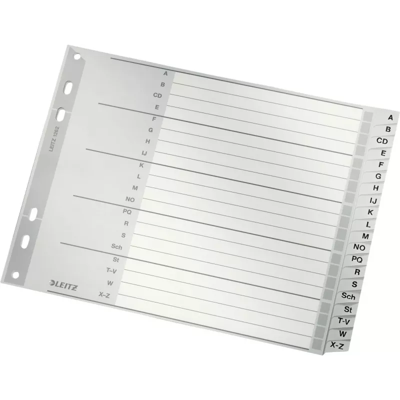 Przekładki alfabetyczne Leitz A-Z, A4, szare plastikowe zakładki na tekturze 250 g/m², 20-częściowe, uniwersalne dziurkowanie 11-otworowe 1262-01-00