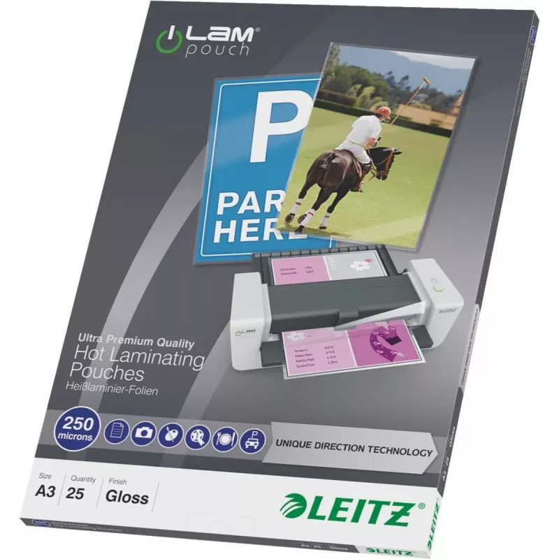 LEITZ A3 błyszczące koszulki do laminowania 250 mikronów krystalicznie przezroczyste, 25 sztuk (7491-00-00)