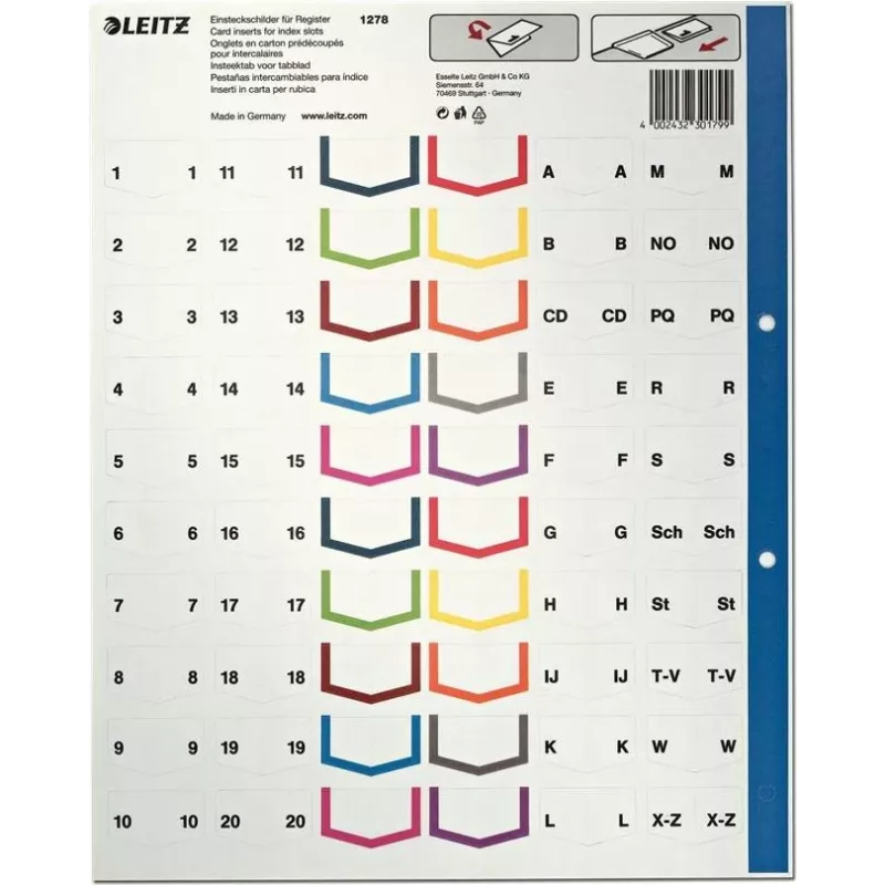 LEITZ A4 Extra Wide Blank Plastic Index Dividers, 20-Part, Universal Punching, Translucent White 1278-00-00