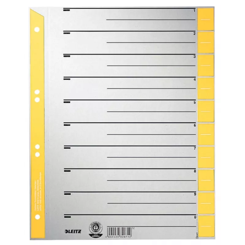 LEITZ A4 Extra Wide przekładki z tektury kraft, 230gsm, szare z żółtymi pustymi zakładkami, zestaw 10-częściowy 1652-00-15