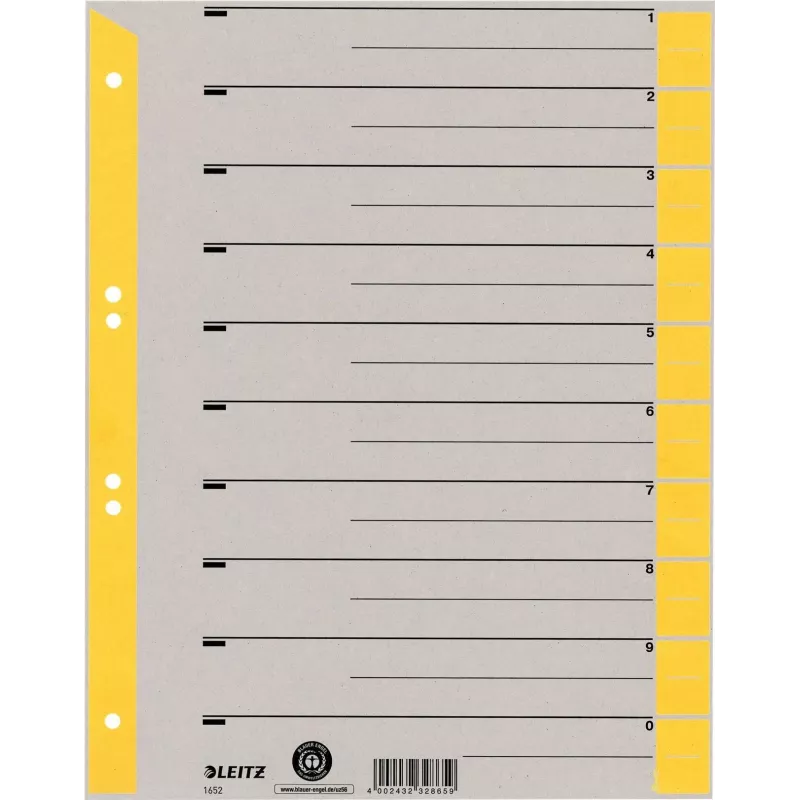 LEITZ A4 Extra Wide przekładki z tektury kraft, 230gsm, szare z żółtymi pustymi zakładkami, zestaw 10-częściowy 1652-00-15
