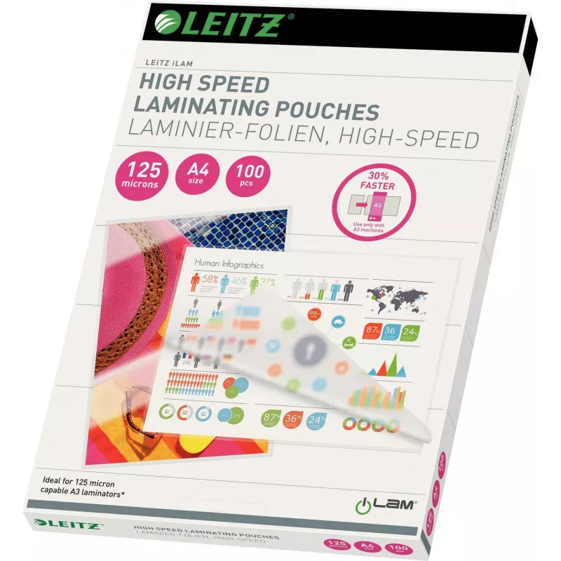 Leitz A4 folie do laminowania, 80 mikronów, błyszczące, 100 sztuk, Jam-Free UDT 7430-00-02