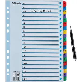 LEITZ A4 przekładki indeksujące Mylar A-Z, 26 zakładek, wielokolorowe, uniwersalne dziurkowanie, 160 g/m², 1 zestaw (100167)