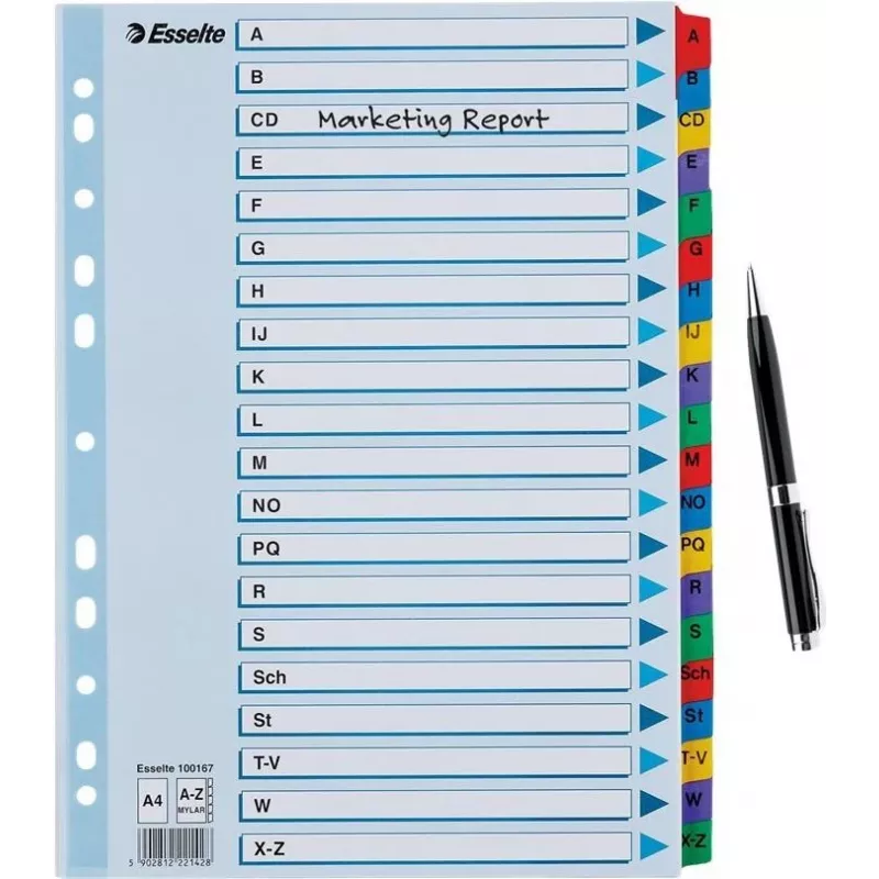 LEITZ A4 przekładki indeksujące Mylar A-Z, 26 zakładek, wielokolorowe, uniwersalne dziurkowanie, 160 g/m², 1 zestaw (100167)