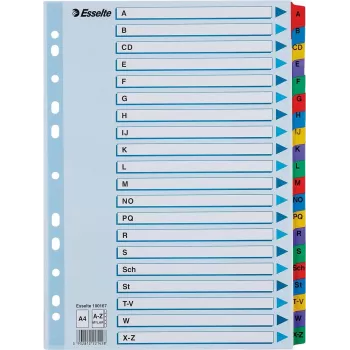 LEITZ A4 przekładki indeksujące Mylar A-Z, 26 zakładek, wielokolorowe, uniwersalne dziurkowanie, 160 g/m², 1 zestaw (100167)