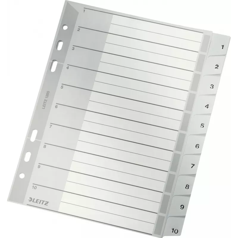 LEITZ A5 plastikowe przekładki indeksujące, numerowane 1-10, szare, 10-częściowe, polipropylen, 0,12 mm, z zapisywalną okładką 1285-00-00
