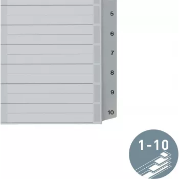 LEITZ A5 plastikowe przekładki indeksujące, numerowane 1-10, szare, 10-częściowe, polipropylen, 0,12 mm, z zapisywalną okładką 1285-00-00