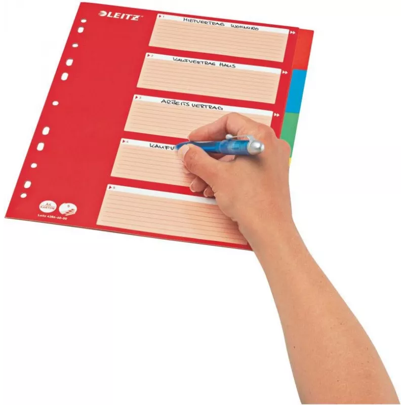 LEITZ przekładki kartonowe, puste zakładki, A4, 5-częściowe, wielokolorowe, 160 g/m², z czerwoną okładką do pisania 250 g/m² (4386-60-00)