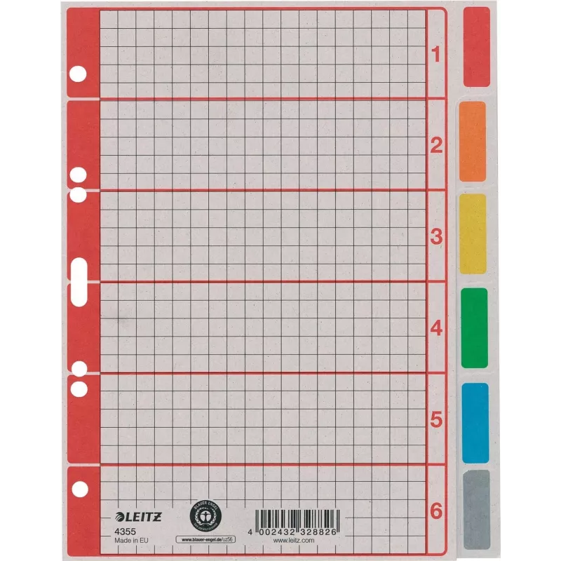 LEITZ wyjątkowo mocne przekładki kartonowe, gładkie, A5, 6-częściowe, szare 230 g/m², zapisywalna okładka z nadrukiem siatki 4355-00-85