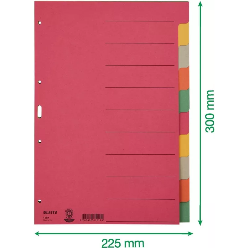 LEITZ Wyjątkowo mocne przekładki kartonowe, puste zakładki, A4, 10-częściowe, wielokolorowe, 230 g/m², karton barwiony w masie w 5 kolorach (4359-00-00)