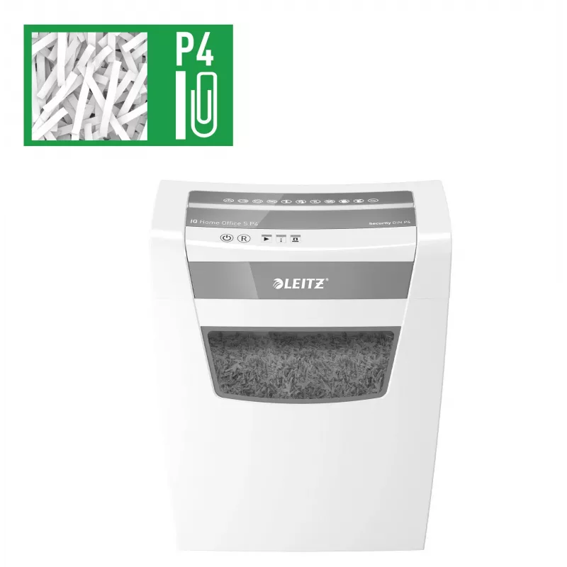 LEITZ IQ Home Office S P-4 Niszczarka do dokumentów o cięciu cząsteczkowym, 8 arkuszy, 10 l, biała (80360000)