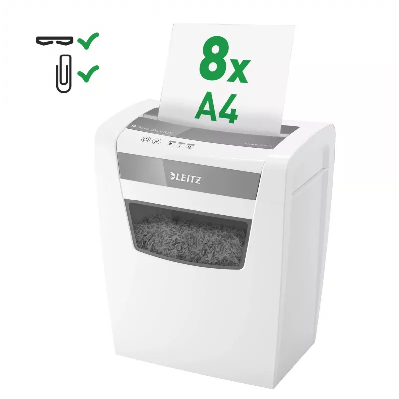 LEITZ IQ Home Office S P-4 Niszczarka do dokumentów o cięciu cząsteczkowym, 8 arkuszy, 10 l, biała (80360000)