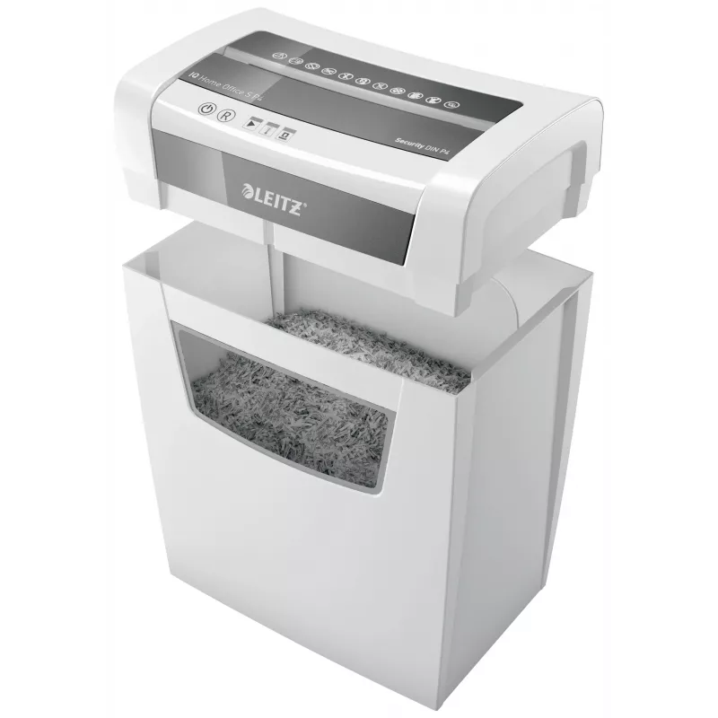 LEITZ IQ Home Office S P-4 Niszczarka do dokumentów o cięciu cząsteczkowym, 8 arkuszy, 10 l, biała (80360000)