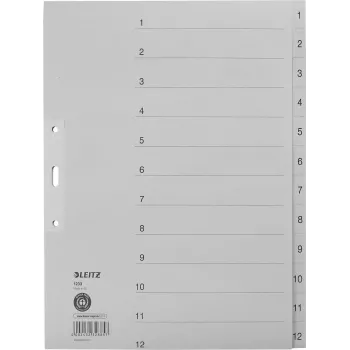 LEITZ Przekładki indeksowe Manila, numeryczne 1-12, A4 Extra Wide, szare, 12-częściowe, 100 gsm, dziurkowanie 80 mm, wzmocnione otwory 1233-00-85