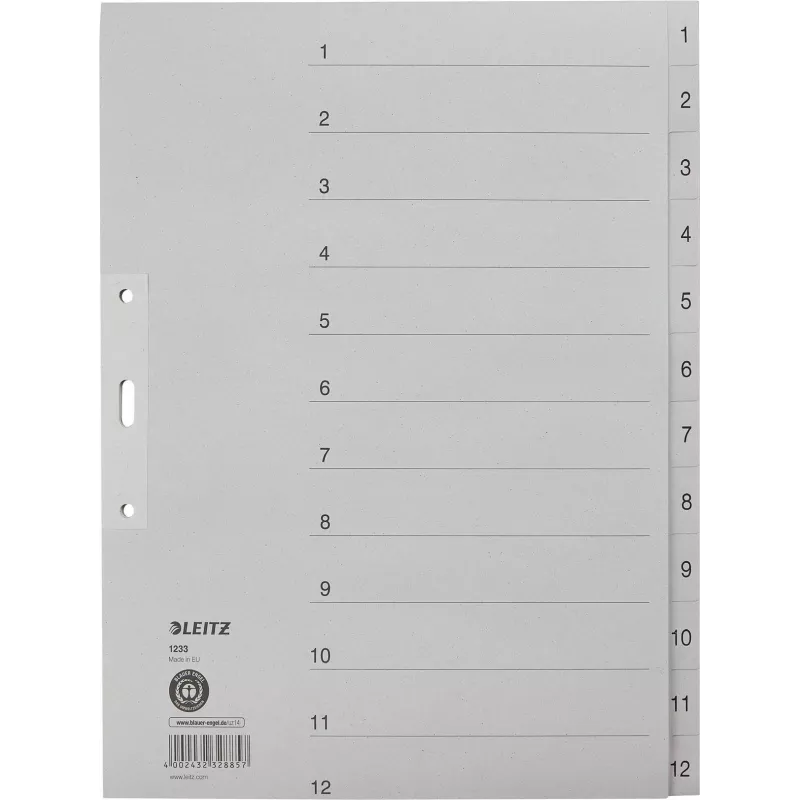 LEITZ Przekładki indeksowe Manila, numeryczne 1-12, A4 Extra Wide, szare, 12-częściowe, 100 gsm, dziurkowanie 80 mm, wzmocnione otwory 1233-00-85