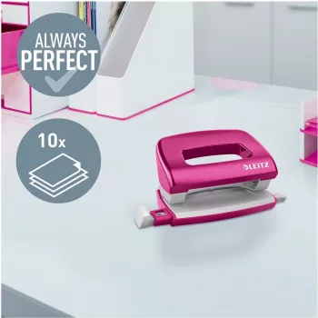Dziurkacz mini Leitz NeXXt Series WOW z metalu, różowy, 2 otwory, 10 arkuszy, wykończenie metaliczne 5060-10-23
