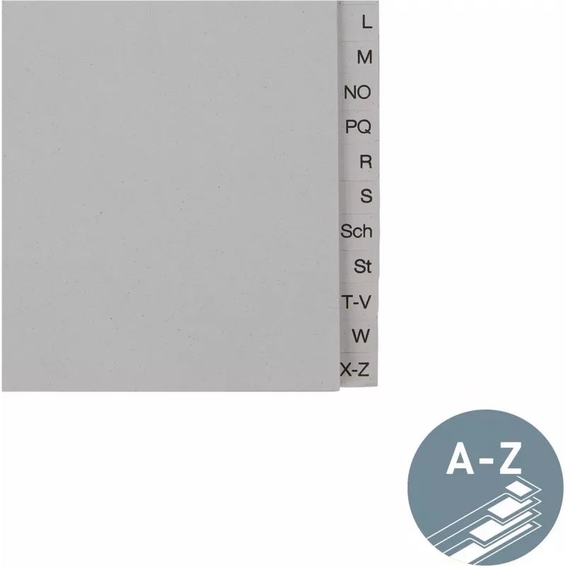LEITZ Tauenpapier-Register, A-Z, A4, półwysokość, 20-częściowy szary, 100 g/m², dziurkowanie 80 mm, ze wzmocnieniem otworów (6095-00-85)