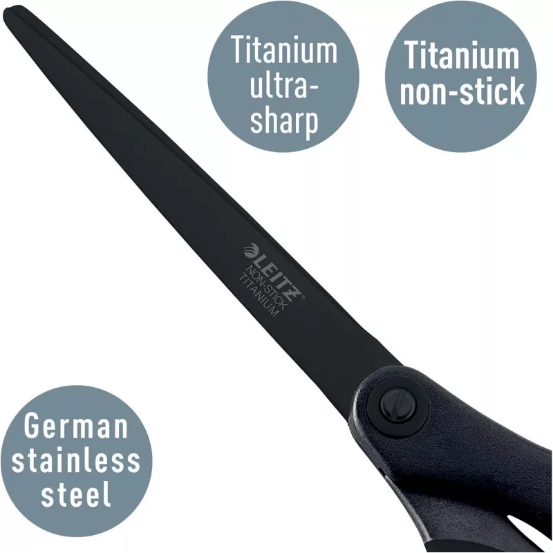 Nożyczki Leitz Titanium Quality 180 mm, ostrza ze stali nierdzewnej z powłoką tytanową, ergonomiczne uchwyty Soft-Grip, czarno-czerwone, do papieru i tkanin 5419-60-95