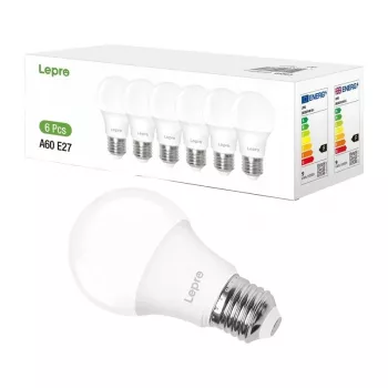 LEPRO 100090-DW-EU-6 Żarówka LED, E27, A60, 8.5W (odpowiednik 60W), 806 lm, 6500K zimna biel, kąt świecenia 180°, opakowanie 6 szt.