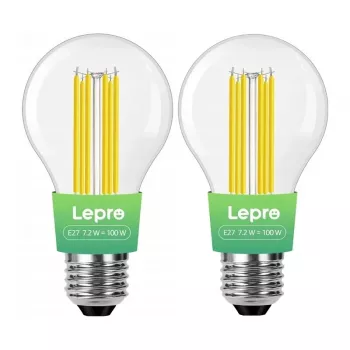 LEPRO 100094-WW-EU-2 E27 Żarówka LED Filament, 7.2W (odpowiednik 100W), 1521 lm, 2700K Ciepła biel, Klasa energetyczna A, 2 szt.