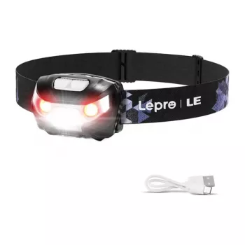 LEPRO 3200008 Ładowana opaska czołowa z czujnikiem ruchu, 300 lumenów, IPX4, 6 trybów, czarna