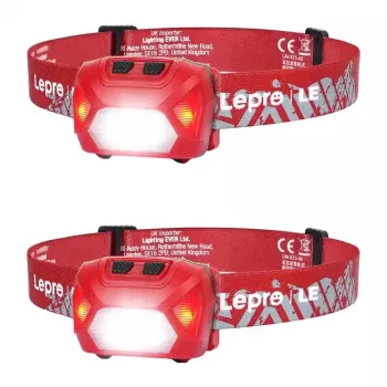 LEPRO 320014-R-2 USB Ładowana Latarka Czołowa LED, 2 szt., 200 lumenów, IPX4 Wodoszczelna, 5 Trybów ze Światłem Czerwonym, Ładowanie USB-C, Regulowany Pasek na Głowę